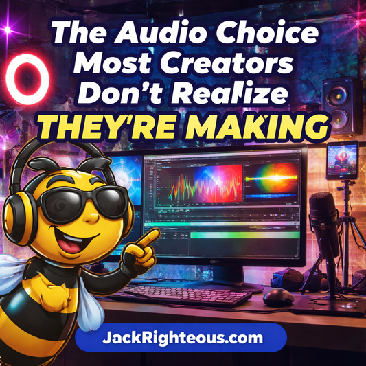 Bee Righteous mascot with video editing setup illustrating audio choices creators make in short-form content