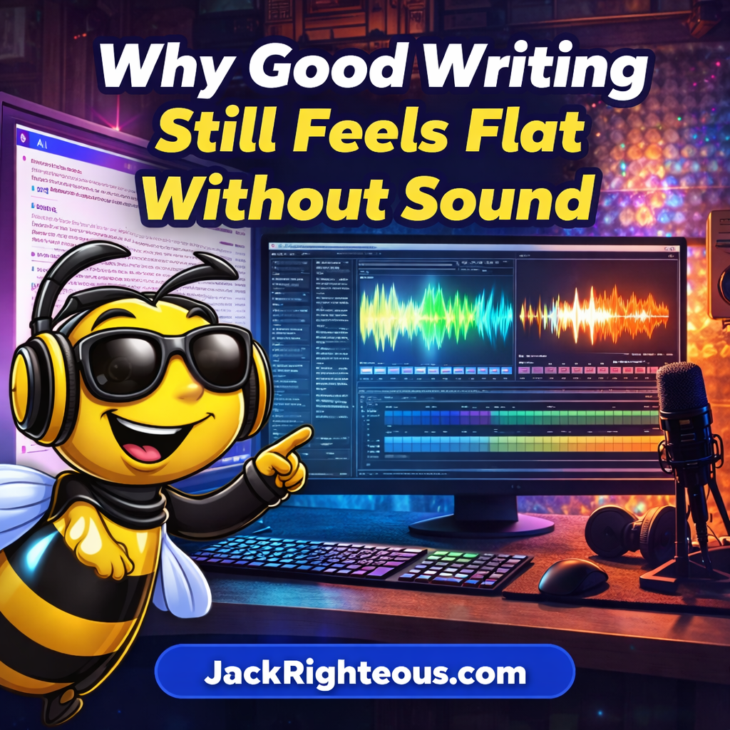 Bee Righteous mascot with writing and audio editing setup showing how sound adds impact to written content