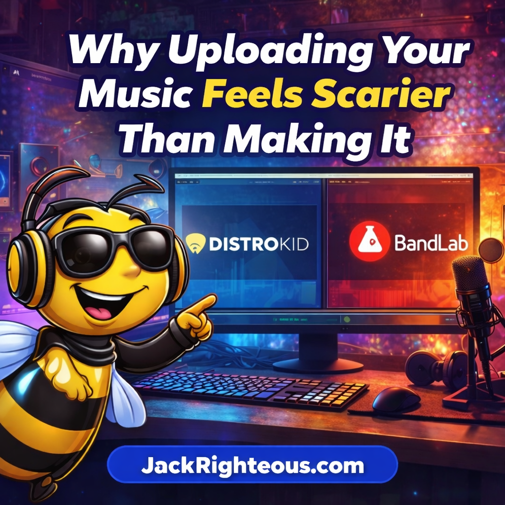 Bee Righteous mascot with music distribution setup showing why uploading music feels harder than creating it