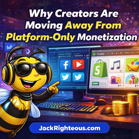 Bee Righteous mascot showing creator dashboards and Shopify store illustrating creator-owned monetization