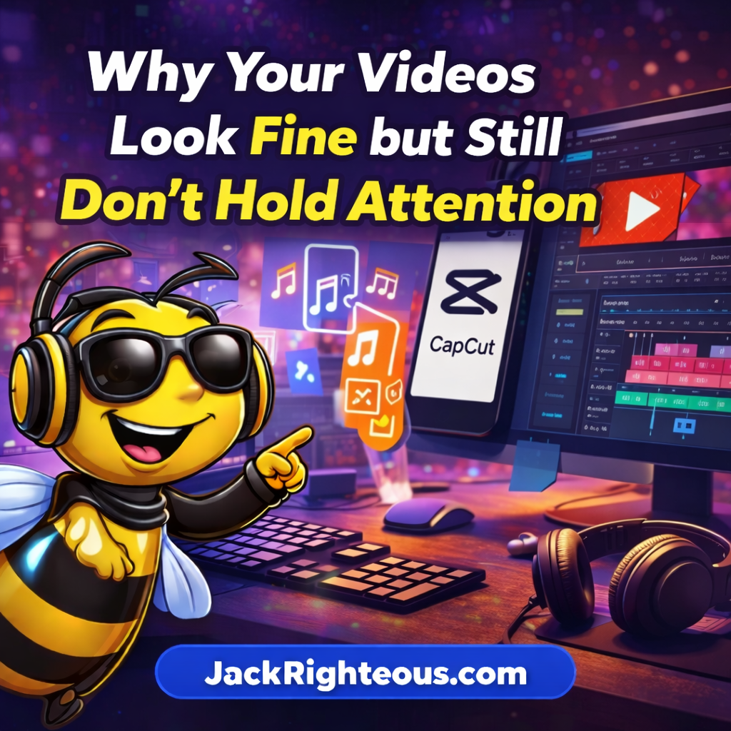 Bee Righteous mascot in a video editing workspace showing why videos look fine but fail to hold attention