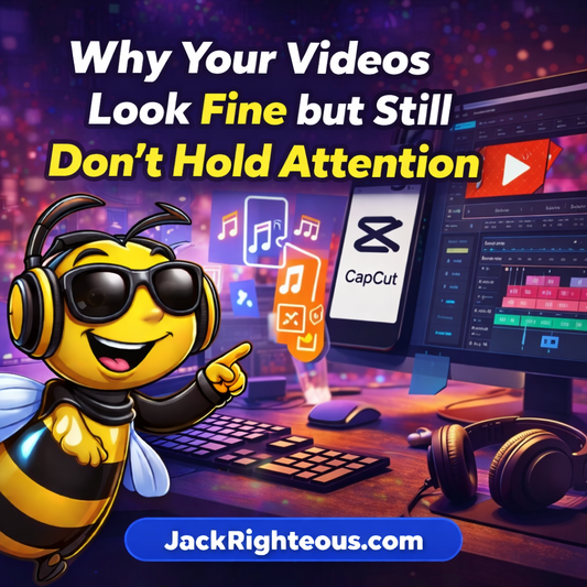Bee Righteous mascot in a video editing workspace showing why videos look fine but fail to hold attention