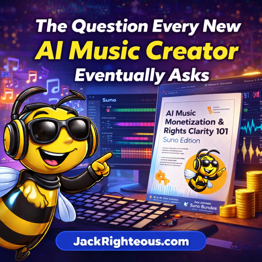 Bee Righteous mascot pointing to AI music workspace highlighting the key question new AI music creators ask