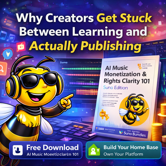 Bee Righteous mascot illustrating why creators struggle to move from learning AI tools to publishing content