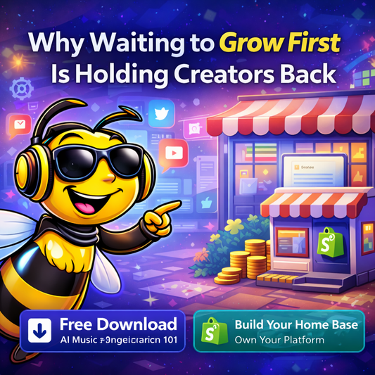 Bee Righteous mascot pointing toward a creator storefront illustrating why building early beats waiting to grow