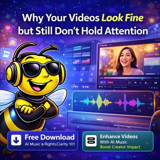 Bee Righteous mascot in a video editing workspace showing how sound and pacing affect viewer attention