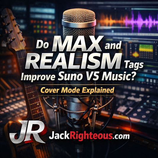 Do MAX and REALISM tags improve Suno V5 music? Cover mode workflow analysis with studio visuals and JackRighteous.com branding