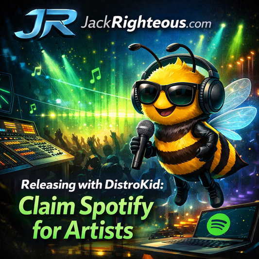 Releasing with DistroKid: claim Spotify for Artists cover featuring Bee Righteous mascot, JR branding, and music distribution visuals