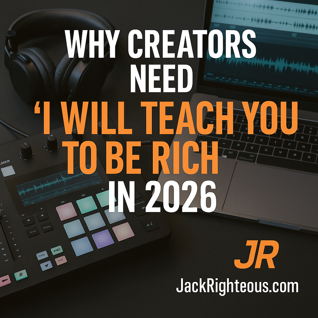 Promotional 1:1 image for creators featuring “I Will Teach You to Be Rich” with JR branding and studio gear background.