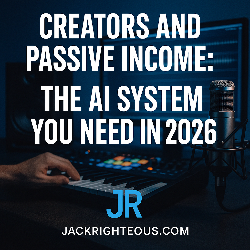 AI passive income blog cover with music studio background, title text, and JR branding for JackRighteous.com.