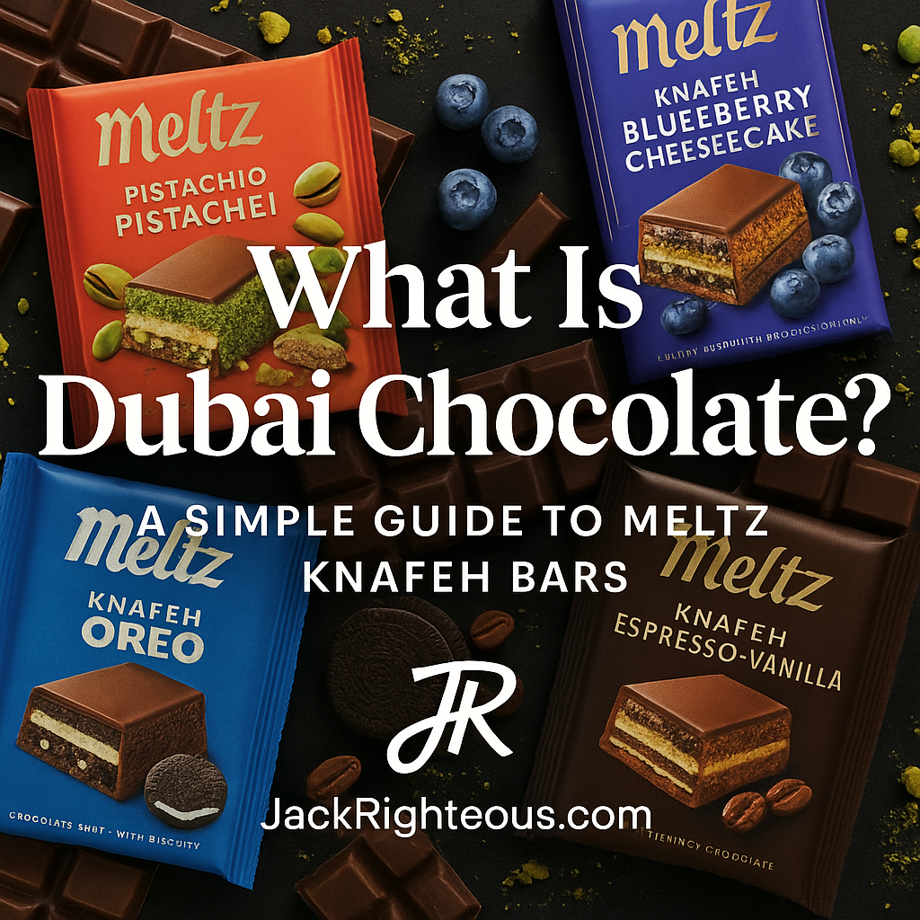 Meltz Dubai knafeh chocolate bars with JR branding on a dark background promoting a simple Dubai chocolate guide.