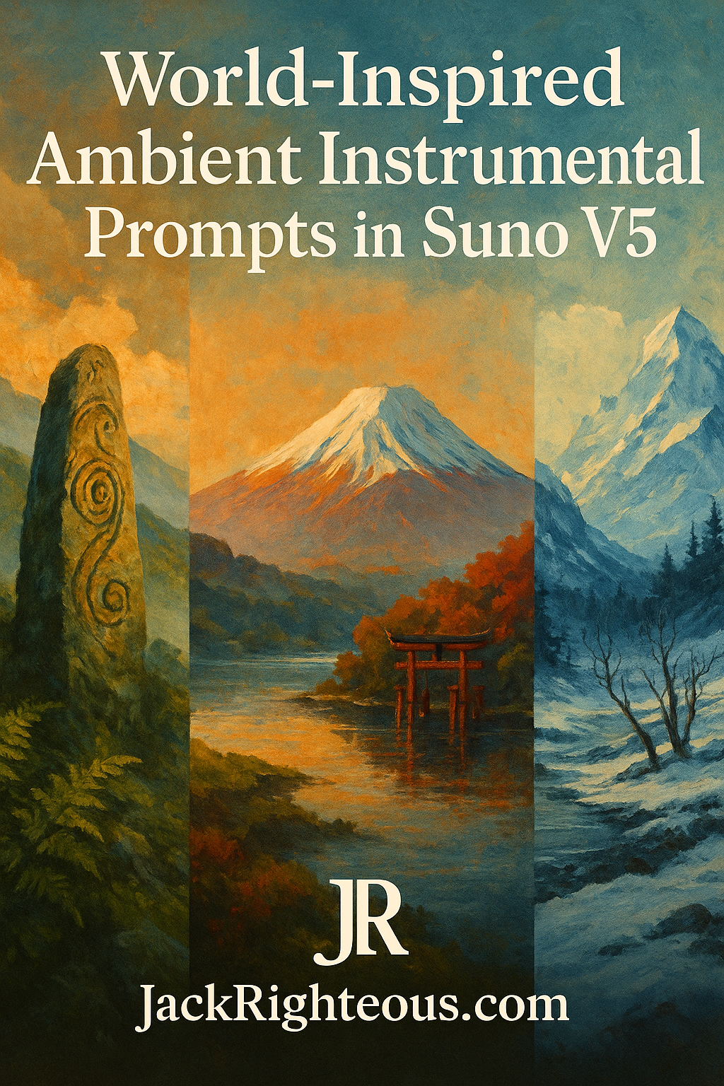 World-inspired ambient music cover showing Celtic, Japanese, and Nordic landscapes with JR and JackRighteous.com branding.