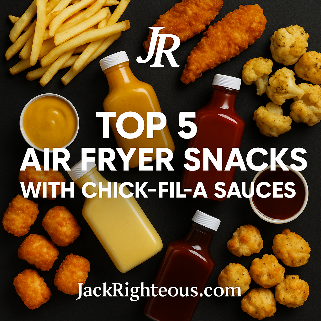 Air fryer snacks with sauce bottles on dark background featuring JR logo and JackRighteous.com.