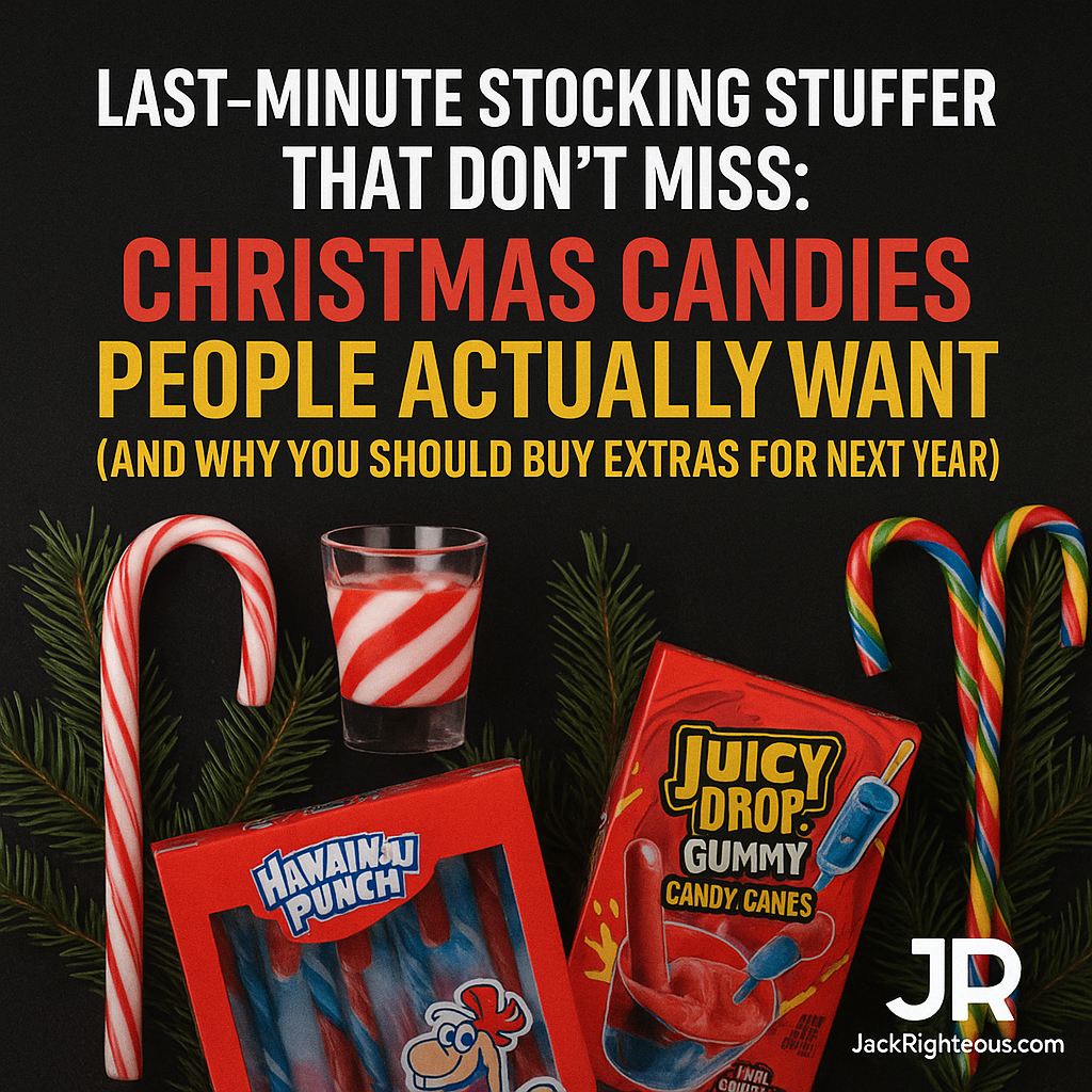 Festive Christmas candy stocking stuffer image with JR branding and candy canes on a dark holiday background.