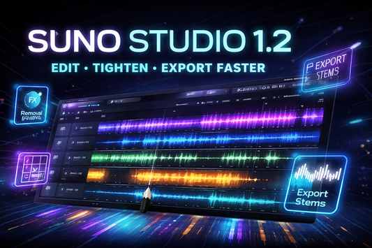 Suno Studio 1.2 interface showing Remove FX, warp markers, alternates, and multitrack export workflow in dark editor view