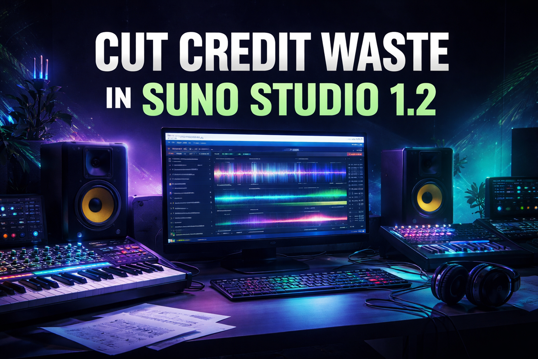 Cut Credit Waste in Suno Studio 1.2 cover image showing AI music editing setup with waveform display and studio gear