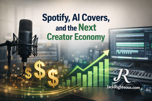Spotify AI covers, royalties and copyright analysis for creators by JackRighteous.com featuring stylized JR branding