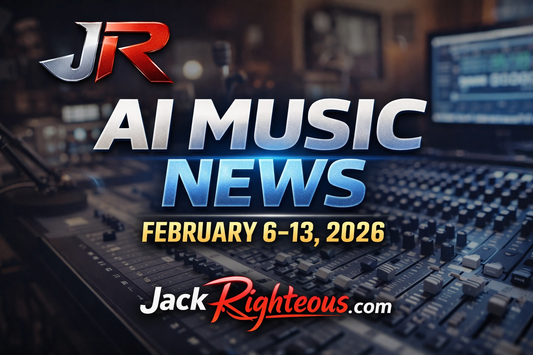 JR Weekly AI Music News cover featuring stylized JR logo, pro studio backdrop, February 6–13, 2026, JackRighteous.com