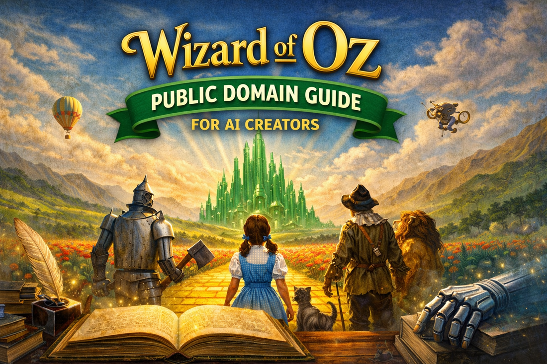 Wizard of Oz public domain guide cover with Emerald City and yellow brick road for AI creators