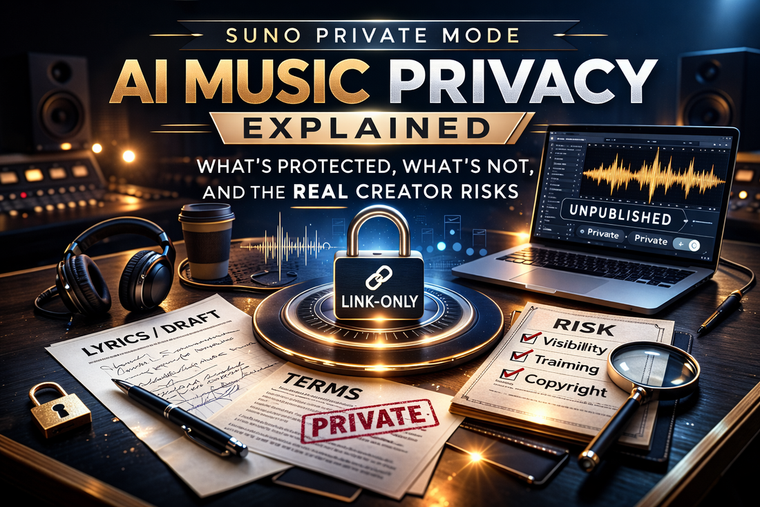 Suno Private Mode cover image showing AI music privacy guide with studio desk, private document stamp, headphones, and lock symbol