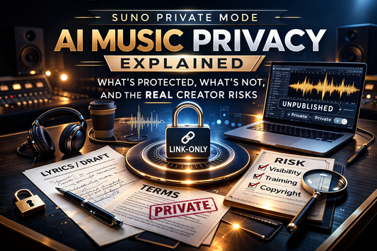 Suno Private Mode cover image showing AI music privacy guide with studio desk, private document stamp, headphones, and lock symbol