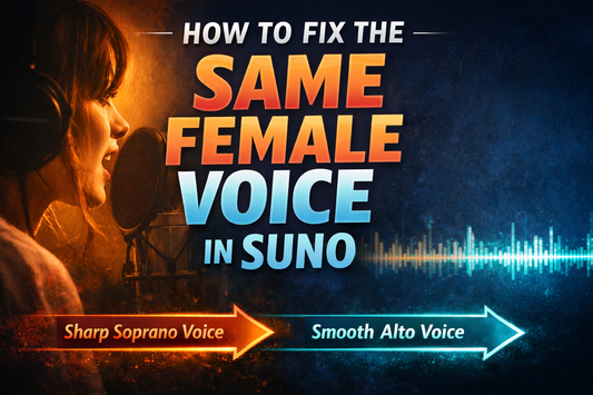 Studio singer at microphone with title “How to Fix the Same Female Voice in Suno” on dark professional cover image