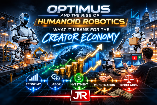 Optimus humanoid robotics cover showing physical AI, labor economics, and creator monetization paths with JR branding