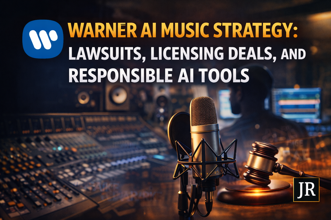 Warner AI music strategy cover with studio mic, legal gavel, and JR branding on professional 16:9 banner
