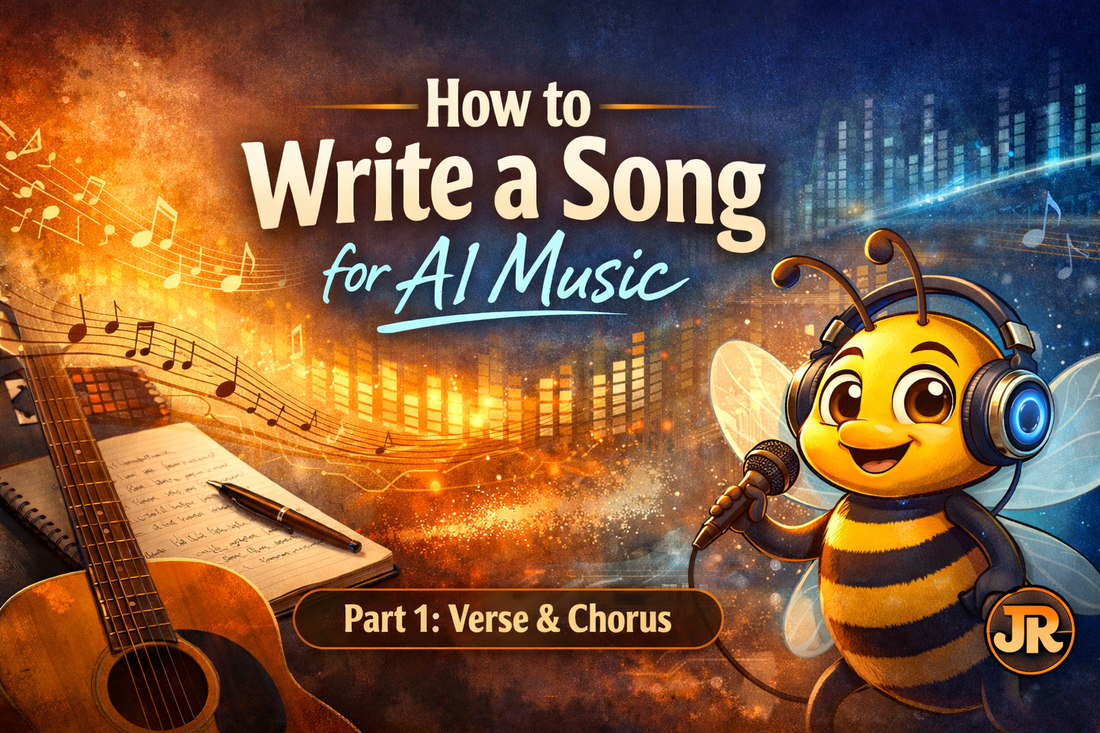 Beginner songwriting guide cover with JR bee mascot and verse chorus formatting theme