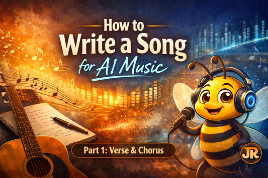 Beginner songwriting guide cover with JR bee mascot and verse chorus formatting theme