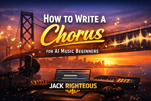 How to Write a Chorus for AI Music Beginners cover with Jack Righteous branding and studio setup at sunset