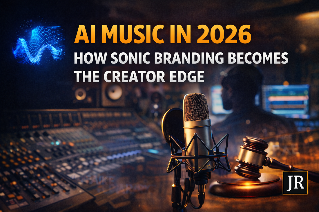 AI music 2026 cover showing sonic branding strategy with studio mic and JR branding banner