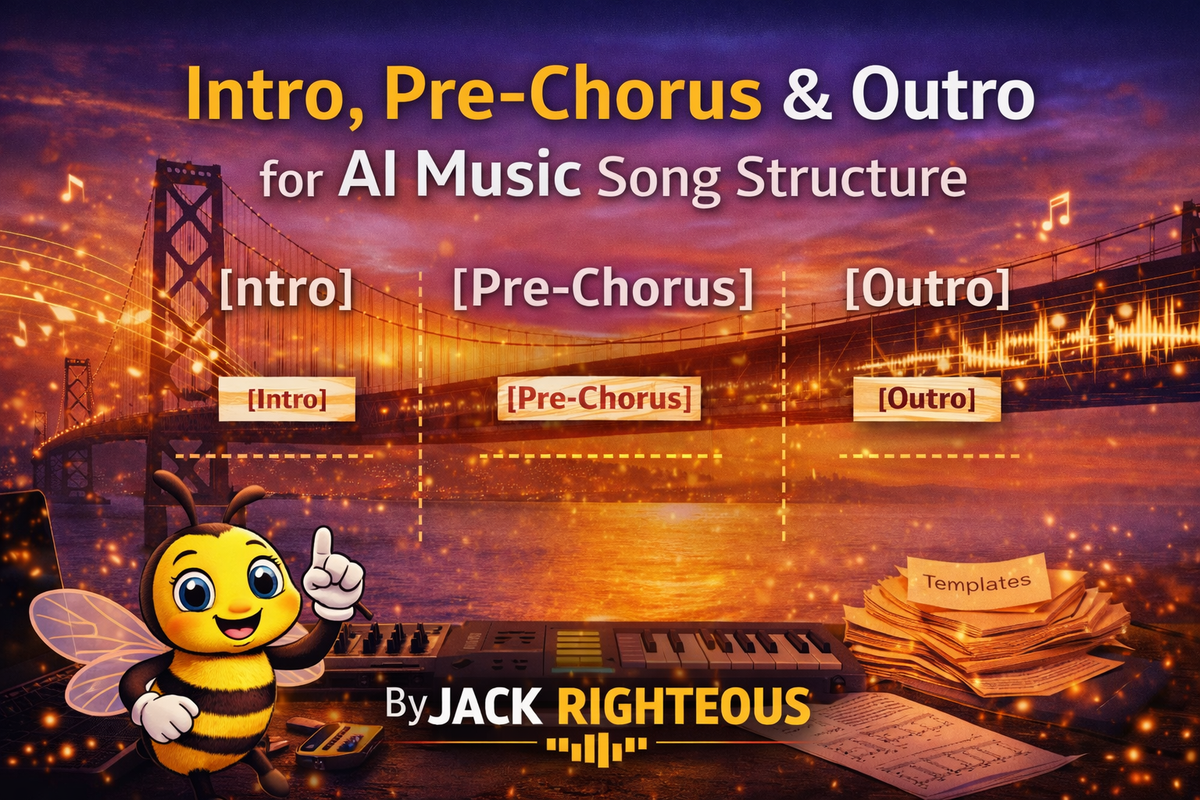 Intro, Pre-Chorus and Outro song structure guide for AI music with Jack Righteous bee mascot and section labels