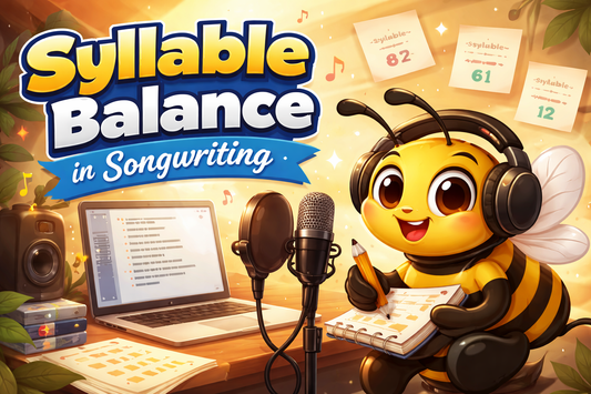 Syllable balance songwriting guide with bee mascot in studio showing lyric notebook and microphone setup