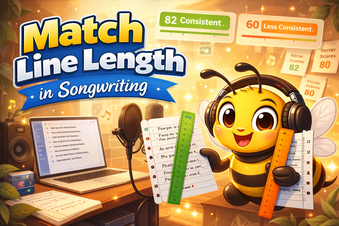 Bee mascot measuring lyric lines with rulers in studio for line length matching songwriting guide