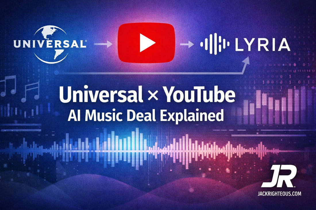 Universal and YouTube AI music integration graphic with Lyria and JR branding for creators