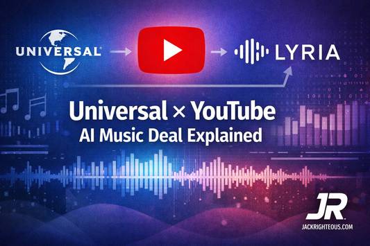 Universal and YouTube AI music integration graphic with Lyria and JR branding for creators