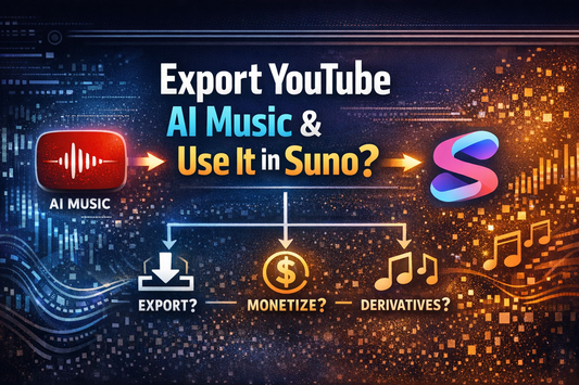 Branded 16:9 cover image about exporting YouTube AI music and using it in Suno for monetization