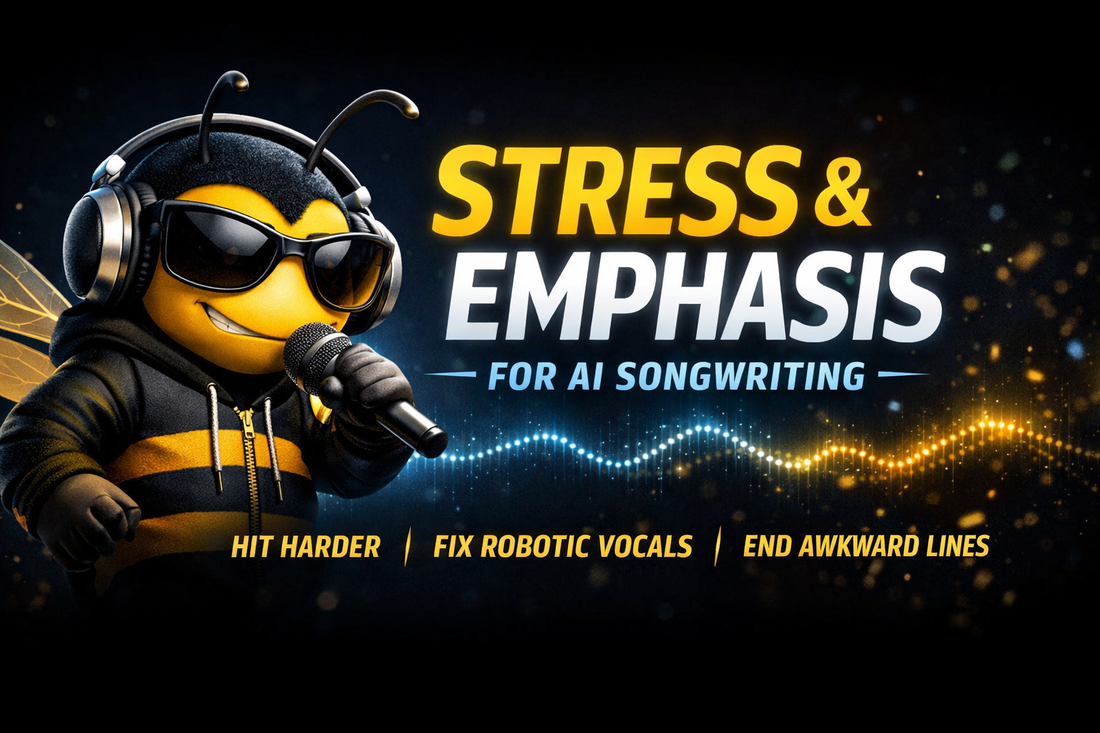 Stress and emphasis guide for AI songwriting with bee mascot on black background 16:9 cover