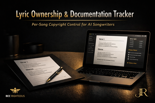 Dark AI songwriting workspace with lyric sheet and laptop showing writer splits, version history, and documentation tracker