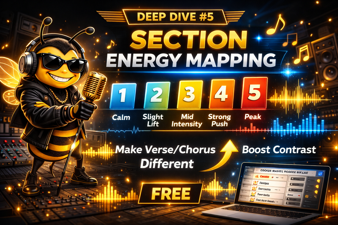 Section Energy Mapping free guide for AI songwriting with bee mascot on dark background 16:9