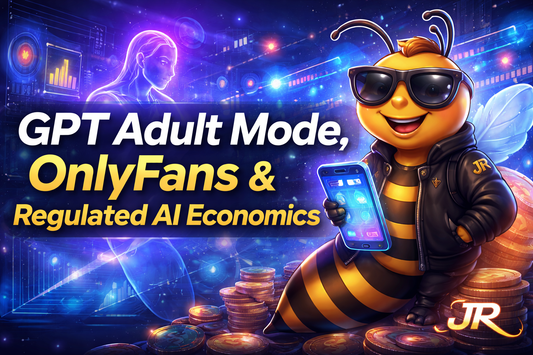 GPT Adult Mode and OnlyFans AI economics cover featuring JR bee mascot and futuristic AI finance backdrop