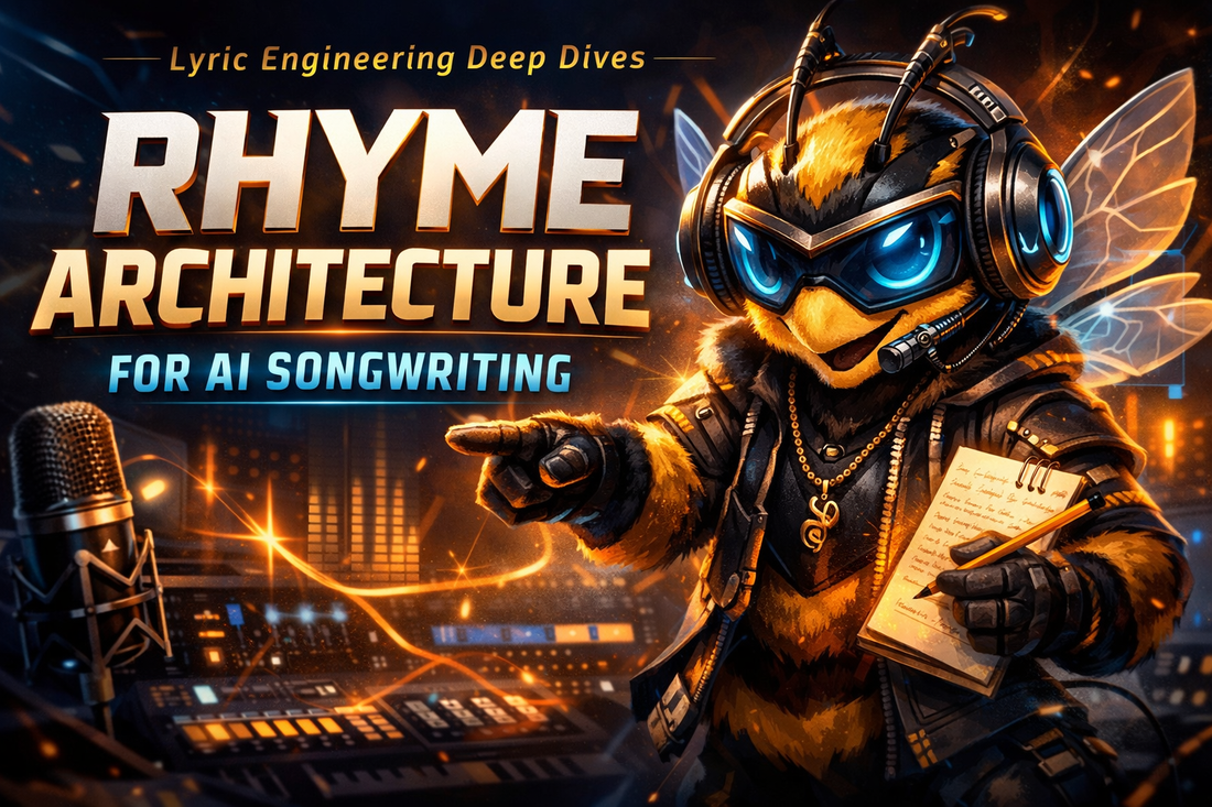 Pro bee mascot with headphones and mic, Rhyme Architecture for AI Songwriting 16:9 cover graphic