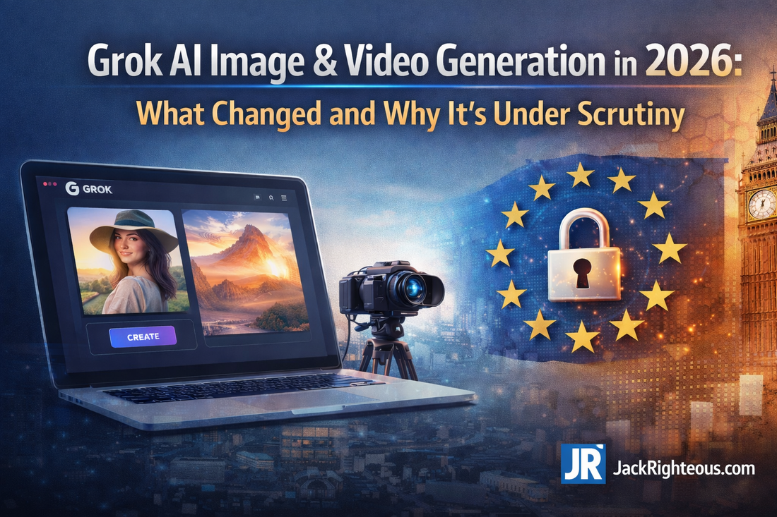 JR cover image for Grok AI 2026 article showing X interface, EU privacy symbols, and JackRighteous.com branding