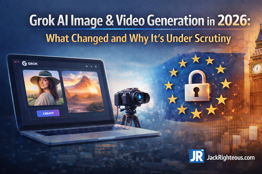 JR cover image for Grok AI 2026 article showing X interface, EU privacy symbols, and JackRighteous.com branding
