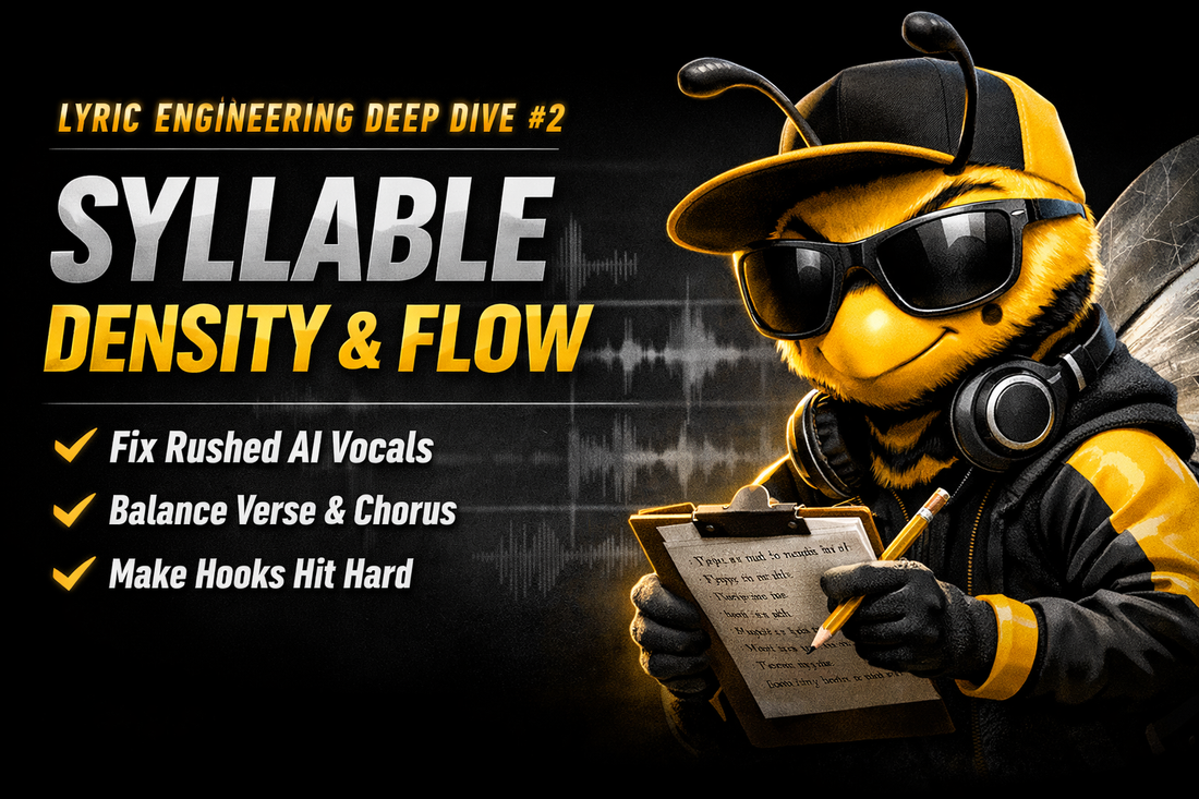 Syllable Density & Flow AI songwriting guide with pro bee mascot and waveform background 16:9 coverSyllable Density & Flow AI songwriting guide with pro bee mascot and waveform background 16:9 cover