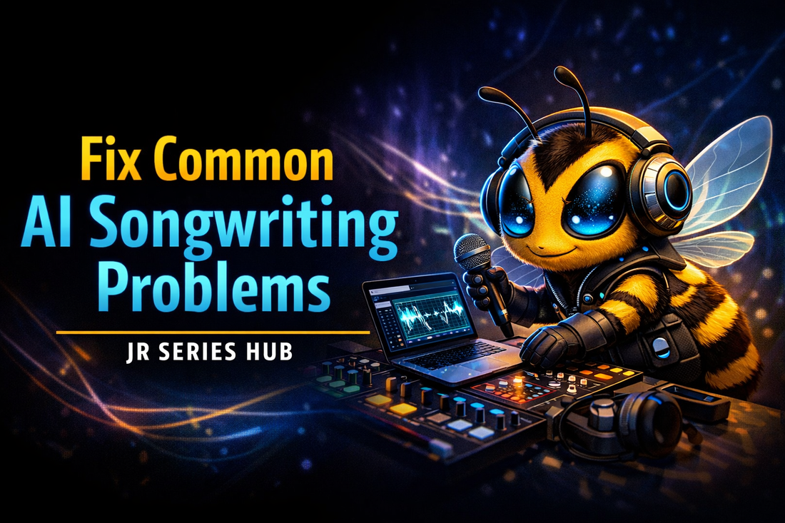 AI songwriting series hub cover showing how to fix rushed vocals, weak hooks, and unstable AI song structure