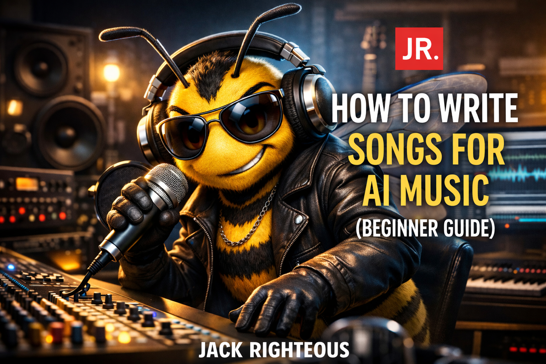 Bee Righteous mascot in studio with JR branding and “How to Write Songs for AI Music” beginner guide title