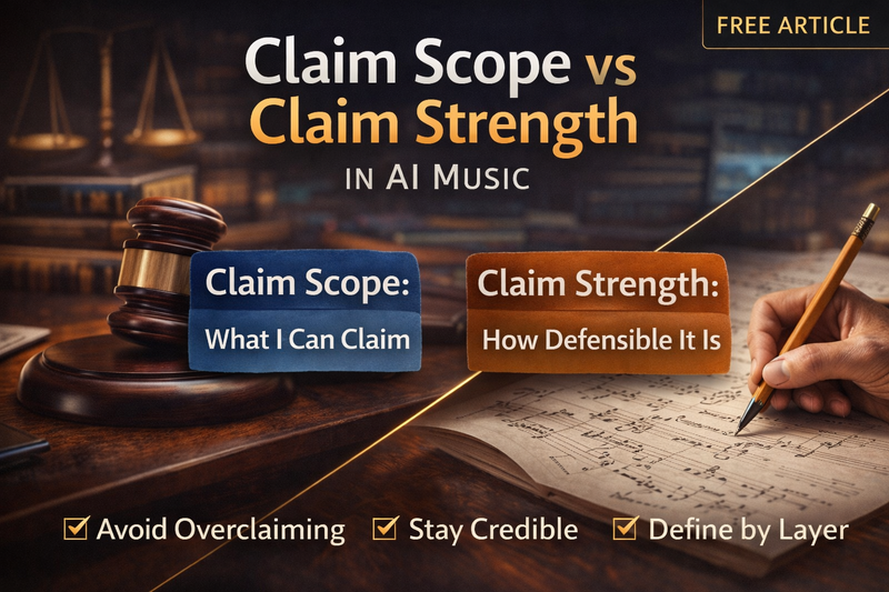 Editorial cover for Claim Scope vs Claim Strength in AI Music, clean legal and songwriting theme, 16:9 free article graphic