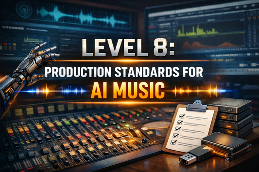 Level 8 AI music production standards cover image with mixing console, checklist, and robotic hand in studio setting
